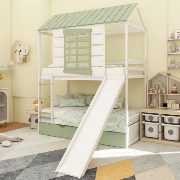 Twin over Twin Size House Bunk Bed with Convertible Slide and Trundle, White Green