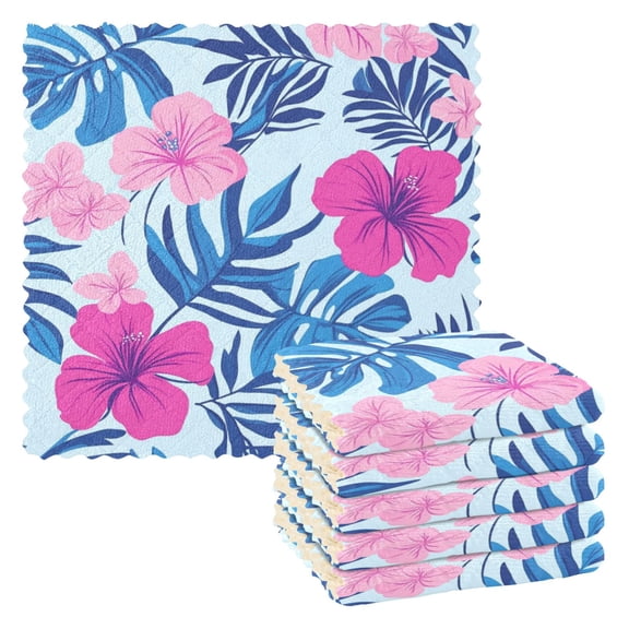 Blue Palm Leaves Pinkish Flowers Hawaii Dish Cloths Dish Towels Cleaning Cloths Quick Drying Reusable 11" x 11" Set of 6