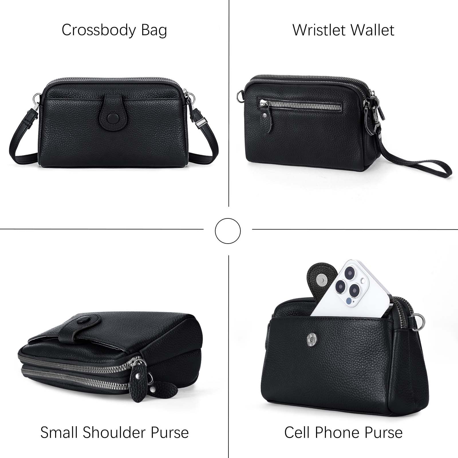 KAWELL Genuine Leather Wristlet Clutch Wallet Purses Small Crossbody Bags Shoulder Handbag for Women, Silver Zipper