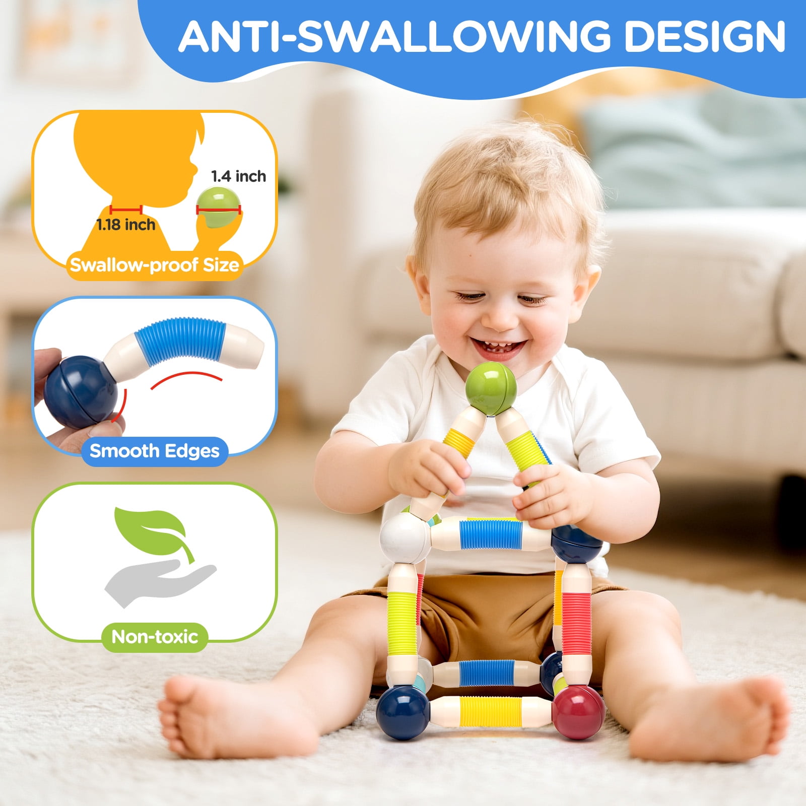 Toiyjofe Flexible Magnetic Building Blocks Set 48pcs for Kids Ages 3+, STEM Construction Toy with Stretchable Tubes & Magnetic Balls, Educational Gift with Storage Bag