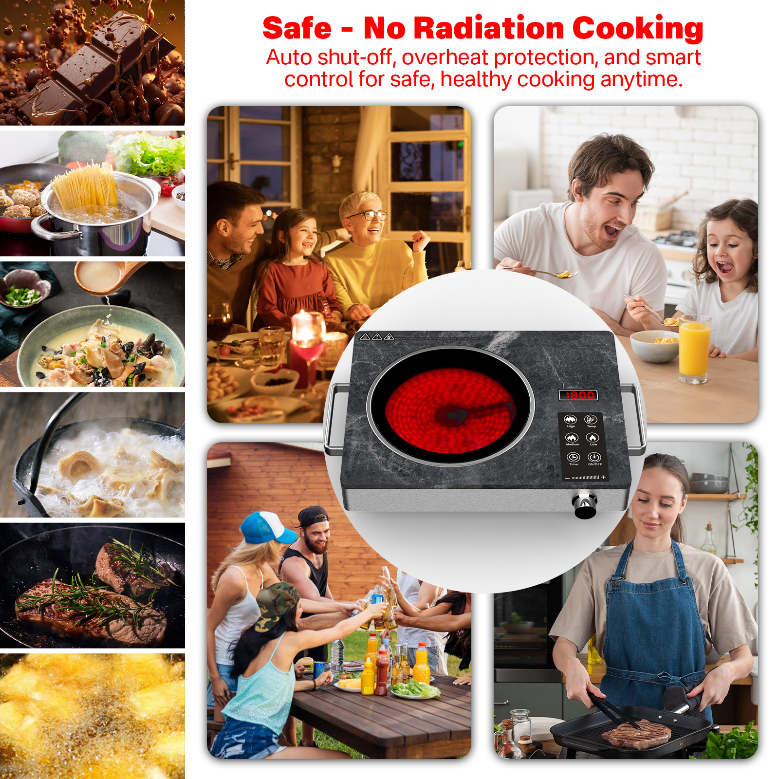 Nardea Single-Burner Electric Ceramic Cooktop – 1800W Infrared Heating, 18 Heat Levels, Timer, Compact Design, for Kitchen, Dorm, or Outdoor Use