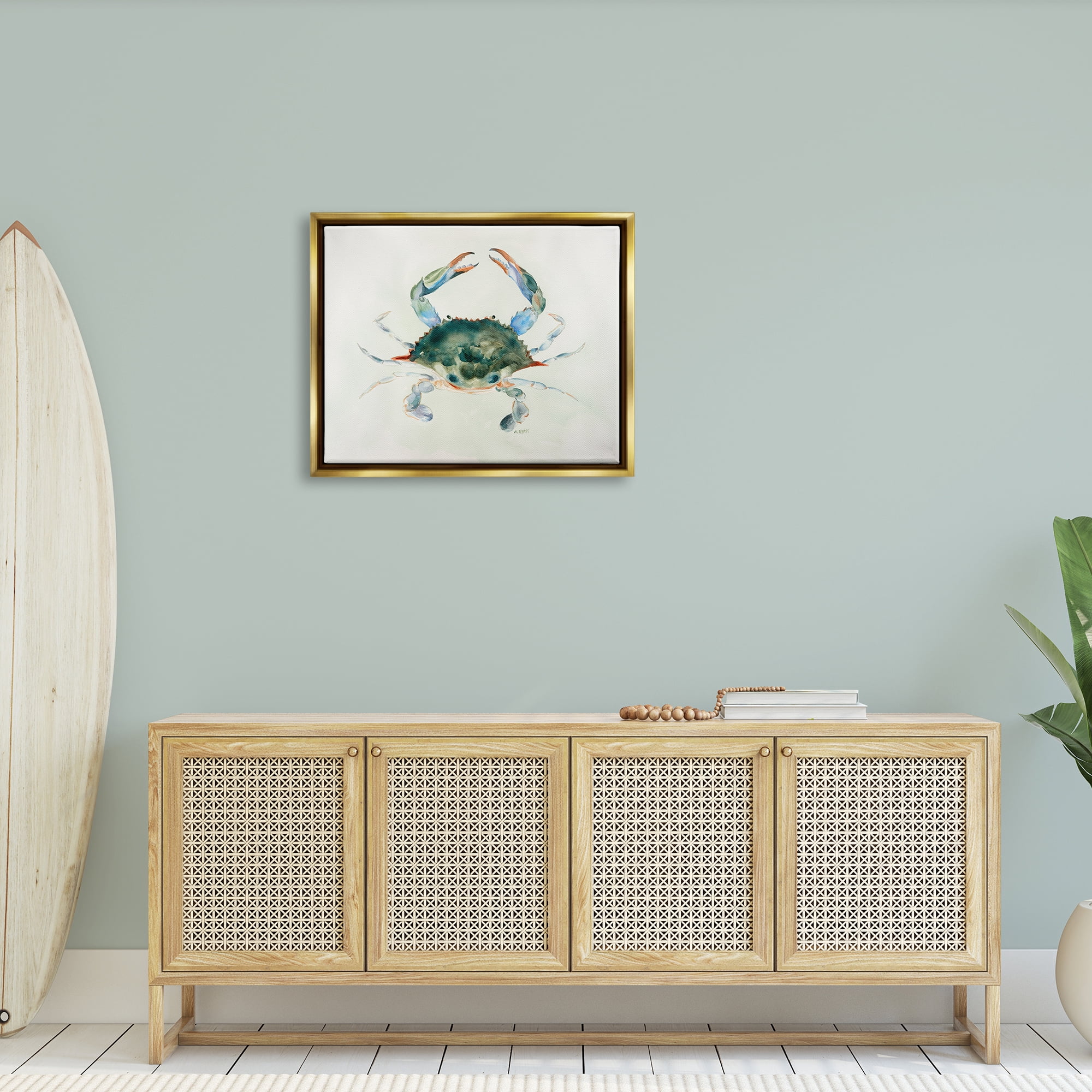 Stupell Industries Blue Sea Crab Over Beige Soft Watercolors Metallic Gold Framed Floating Canvas Wall Art, 24x30, by Melissa Hyatt LLC