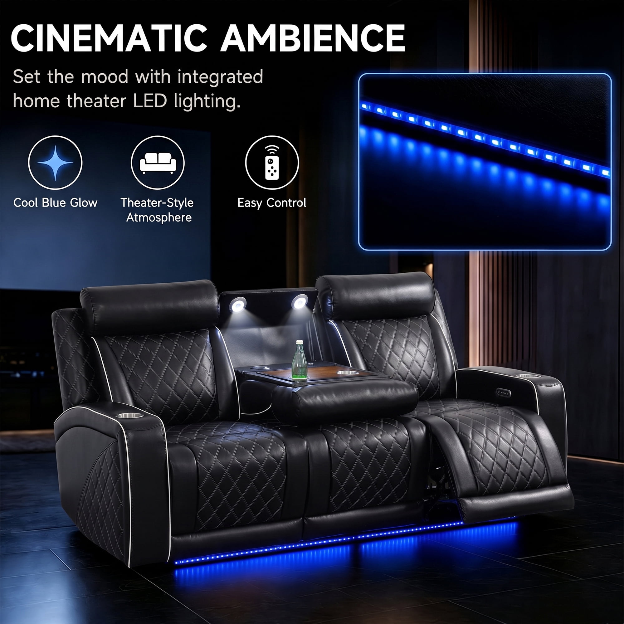 Aukfa Power Recliner 3 Seat RV Sofa with USB & Wireless Charging, Cup Holders Console & LED Lighting, Home Theater Seating for Living Room, PU Leather, Black
