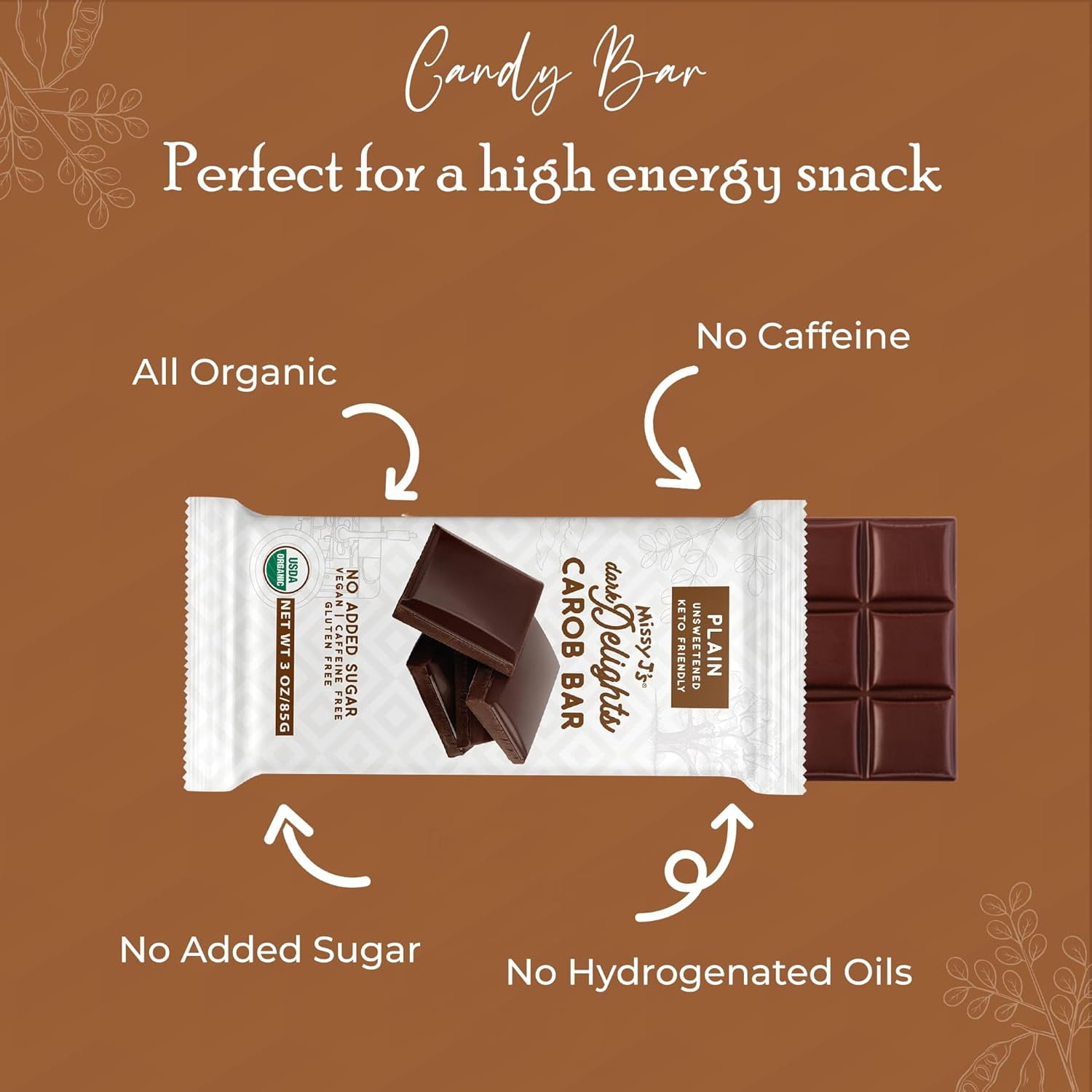 Missy J’s Organic Carob Unsweetened Plain Candy Bar Chocolate Substitute Healthy 3oz 6 Pack