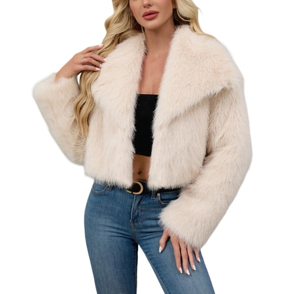 Yigetop Women's Fur & Faux Fur Jackets & Coats Women's 2025 Winter Coats Fleece Cropped Jacket Long Sleeve Warm Outerwear Fall Clothes Faux Fur Jacket Women Beige L