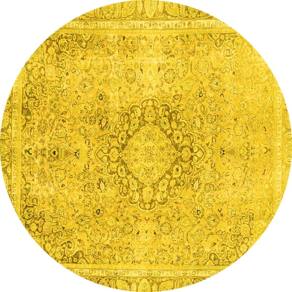 Ahgly Company Machine Washable Indoor Round Abstract Yellow Modern Area Rugs, 8' Round