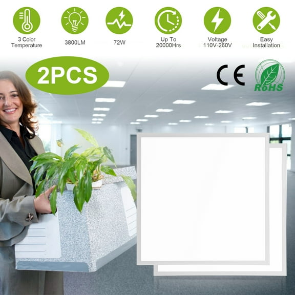 Moclever 2Pcs 2×2ft  3 Color LED Panel Light 3800lm 72W Flat Ceiling Light, Equivalent LED Troffer Recessed Edge-Lit Switchable CCT 110V-260V