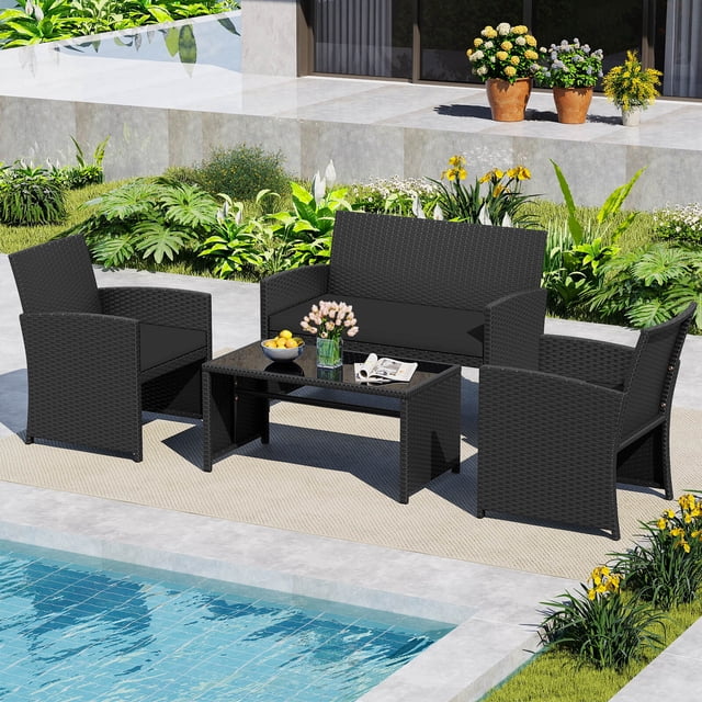 Costway 4 PCS Patio Conversation Set with Seat Cushions & Tempered Glass Tabletop, Porch Black+Black