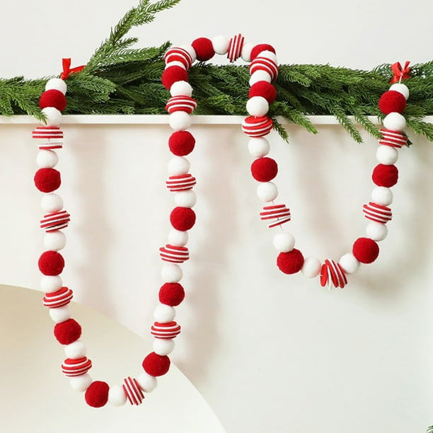 Guirnalda de bolas de lana roja y blanca | Adorno de árbol de Navidad de 70" | Bandera de Poliéster Multicolor | Colgante de Pared de Ventana | Decoración festiva navideña