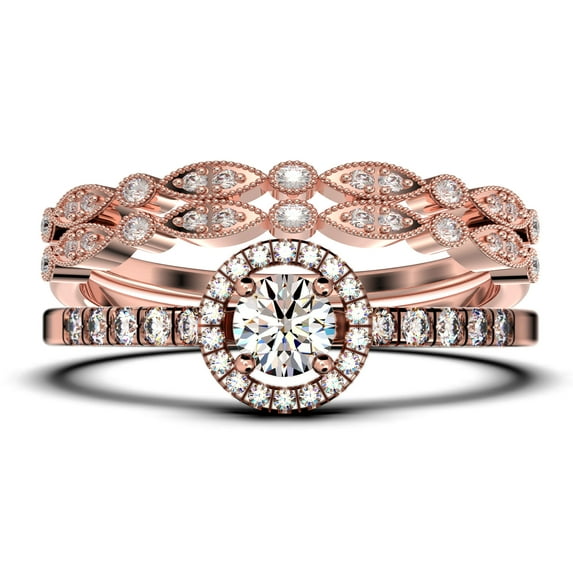 Dazzling Minimalist 2.00 Catar Round Cut Diamond Moissanite Engagement Ring, Wedding Ring, Two Matching Band in 10k Solid Rose Gold, Gift For Her, Silver, Halo Trio Ring Set