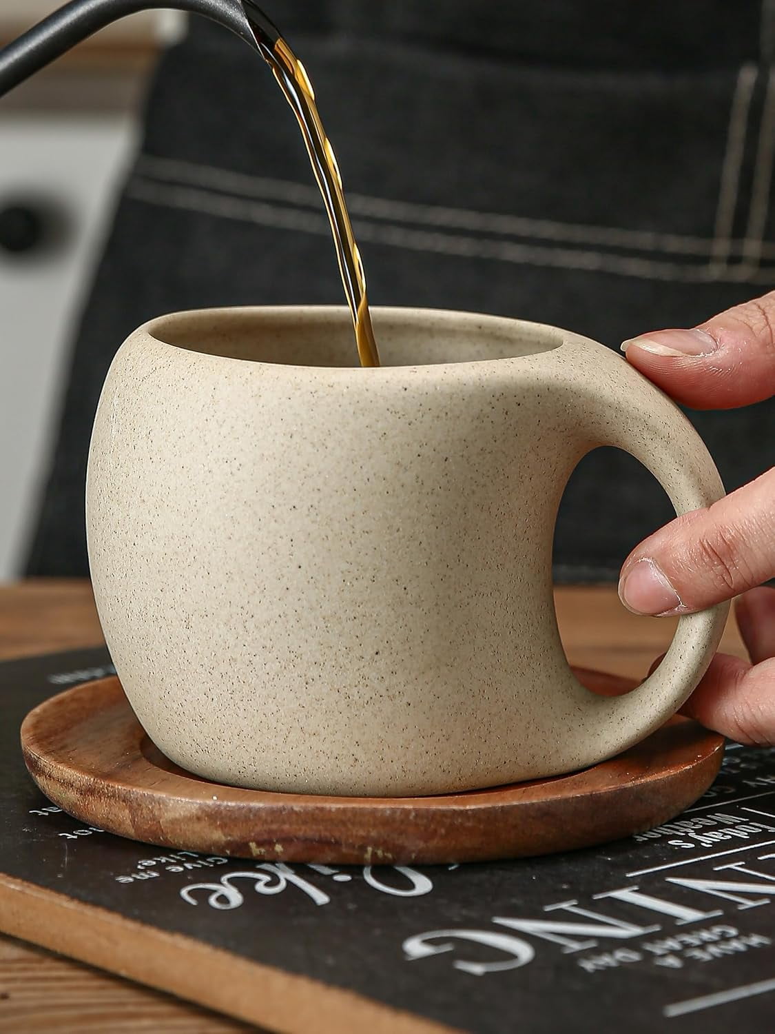 6 Oz Coffee Cup Mug Espresso Cups Set, Ceramic Cup with Natural Acacia Wood Saucer for Espresso, Latte, Cappuccino Coffee, Tea, Unglazed Porcelain Arty Mug (Natural Earthiness Finish)