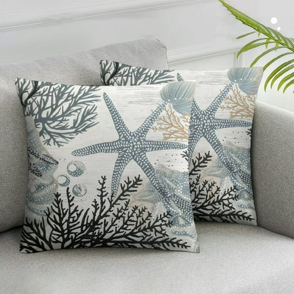 Acheng Nautical Coastal Pillow Covers Blue Beach Theme Ocean Seashell Coral Starfish Throw Pillow Covers Summer Outdoor Pillow Cases Cushion Covers for Couch Bed Sofa Decor,Set of 2 White