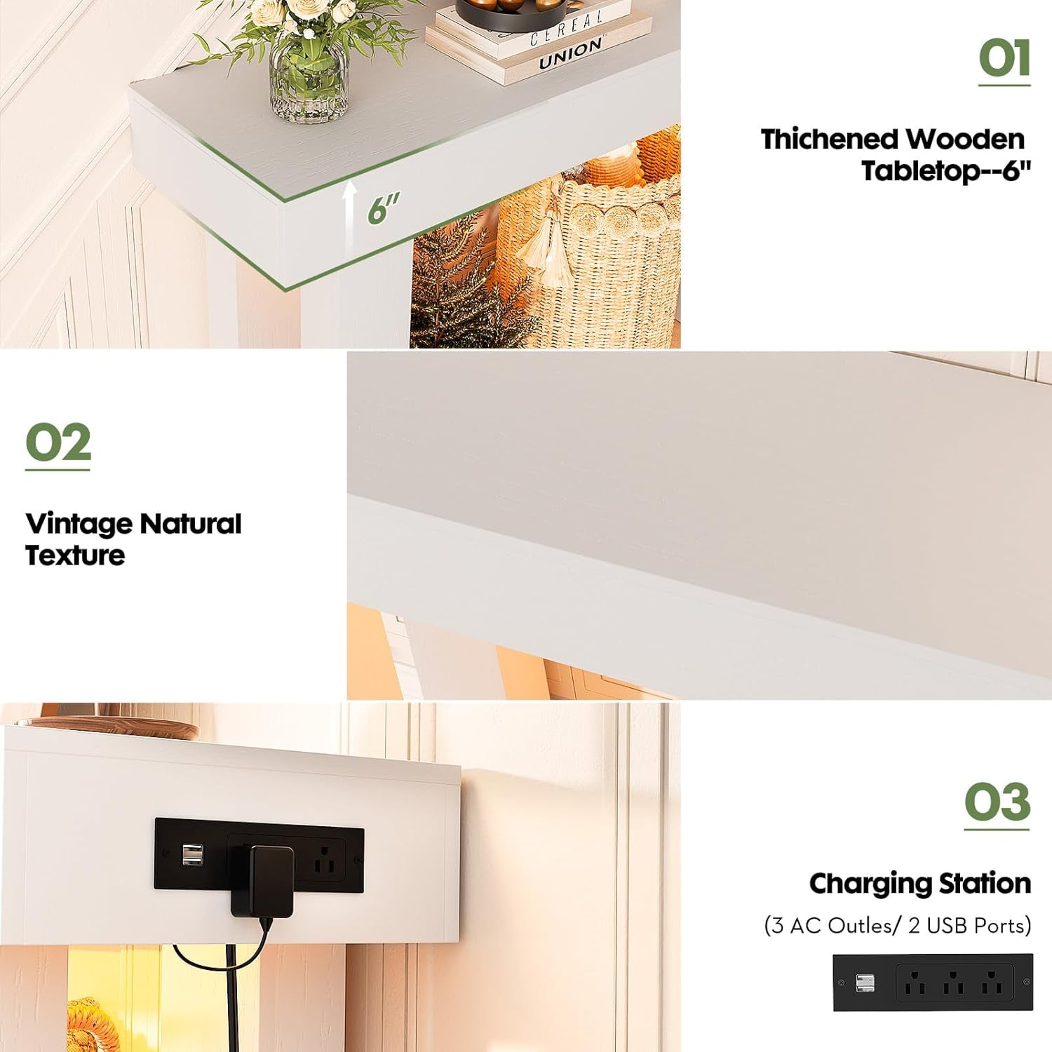 Homieasy 63'' Farmhouse Console Table with Power Outlets and Sensor Light, Wooden Entryway Table Narrow End Table with Storage for Entrance, Hallway, Living Room, Bedroom, White