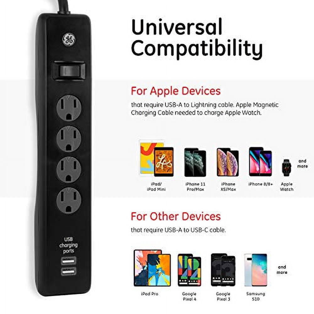 GE 4-Outlet, 2-USB Surge Protector, 6ft., Black – 37465