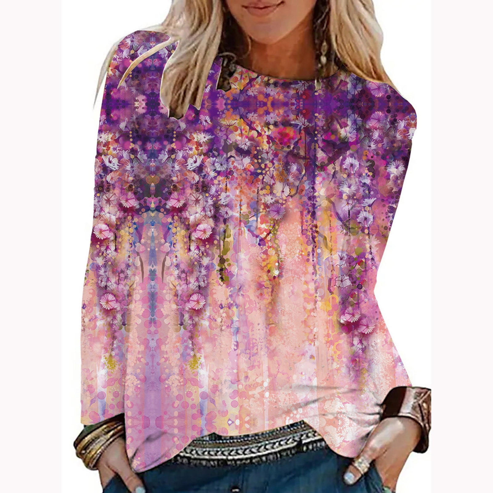 Women's Casual Round Neck Long Sleeve Printed Loose Shirt Blouse