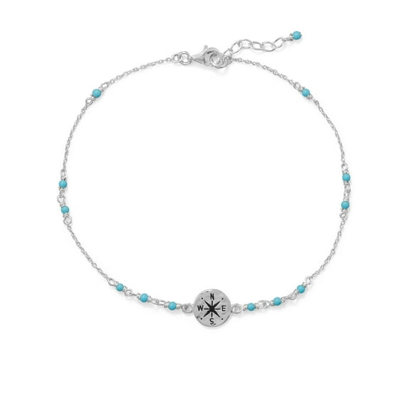 Anklet Ankle Bracelet Compass Charm Blue Beads Adjustable Length Sterling Silver