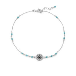 Anklet Ankle Bracelet Compass Charm Blue Beads Adjustable Length Sterling Silver Anklet Ankle Bracelet Compass Charm Blue Beads Adjustable Length Sterling Silver