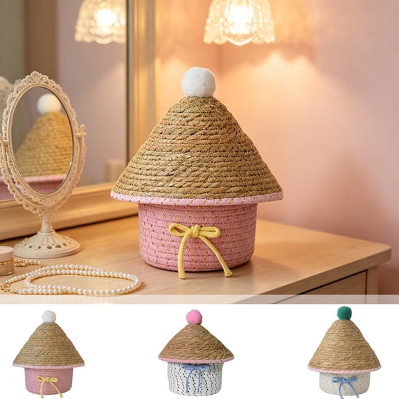 Round Woven Cotton Rope Storage Basket with Lid, Multicolor, 11 x 7 Inches, Decorative Organizer for Desk, Shelf, Bathroom