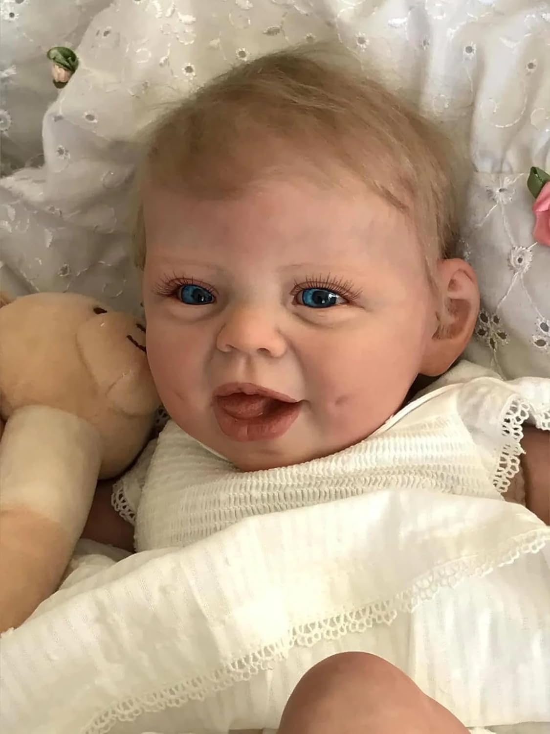 22 Inch Reborn Dolls Realistic Newborn Babies Cute Happy Dolls Looks Real Life Lifelike Baby Doll Soft Cloth Body Weighted Doll Blonde Hair for Gift