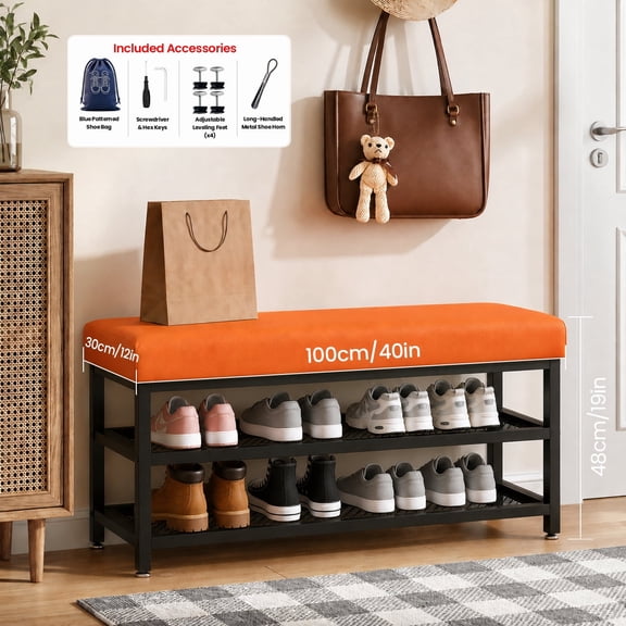 2-Tier Shoe Bench, 40-Inch Entryway Shoe Storage with Cushioned Seat, Metal Rack Organizer for Hallway, Mudroom and Closet