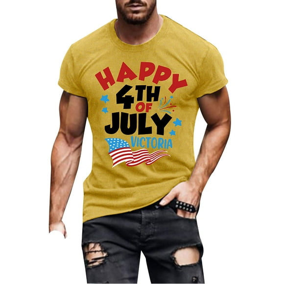 PMUYBHF Shirts for Men Short Sleeve with Custom Logo Men's Independence Day Flag Print Two Stitched Spring Summer Leisure Sports Comfortable Breathable Sweat Absorbing Crew Neck Short Sleeved T Shirt