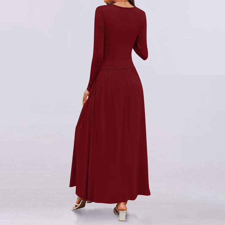 SMihono Women's Long Sleeve Maxi Dress 2025 Spring Crewneck Knit Casual  Slim Swing Pleated Dresses with Pockets Wine 8 - Walmart.com