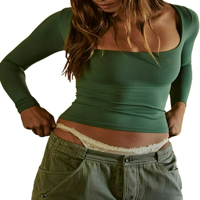 T-shirt Skinny Basique Décontracté pour Femmes Manches Longues Col Carré Ajusté Blouse Crop Tops