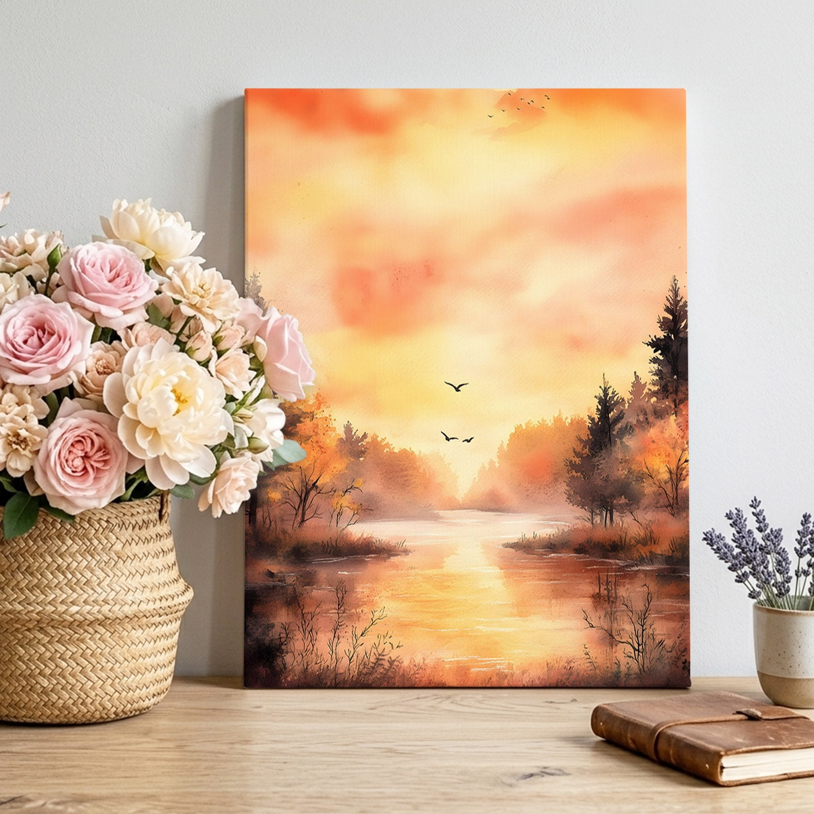 Canvas Wall Art Orange Forest Framed Canvas Prints for Bedroom Living Room Idyllic Watercolor Sunset Nature Scenery Gallery Wrapped Wall Decor for Home Office Gifts 12 x18 Ship Next Day