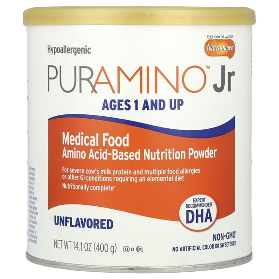 PurAmino Junior Hypoallergenic Toddler Drink, for Severe Food Allergies, Omega-3 DHA, Iron, Immune Support, Unflavored Nutrition Powder Ages 1 and Up, 14.1 Oz Can