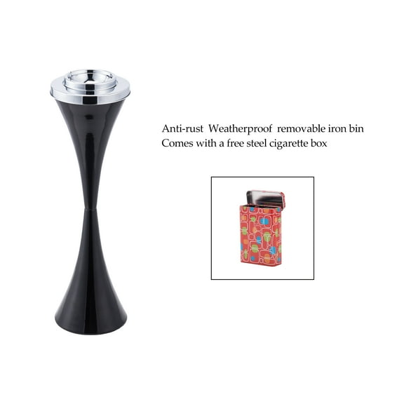 Preenex Black Stainless Steel Floor Standing Ashtray Receptacle with Lid Contemporary Retro Self-Cleaning Outdoor
