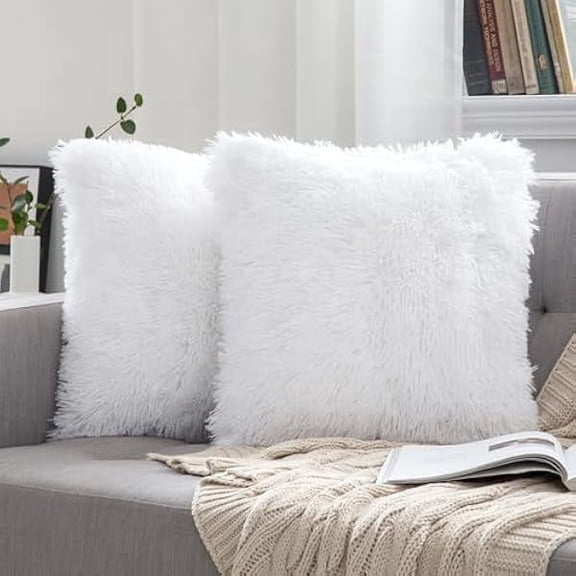 Eryueer Pack of 2 Faux Fur Cushion Covers Fluffy Soft Decorative Square Pillowcase Plush Case Faux Fur Throw Pillow Cover For Livingroom Sofa Bedroom 20x20 Inch 50x50cm 20"x20" White