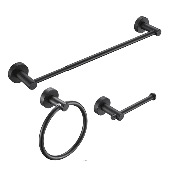 Bathroom Set 3 PCS, Matte Black Towel Bar Set - Adjustable 16-27in Space Aluminum Bathroom Accessories, Toilet Paper Holder & Towel Ring