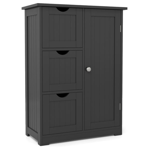 SUGIFT Bathroom Floor Cabinet with 3 Drawers and Cupboard, Wood Side Storage Cabinet with Doors, Freestanding Accent Cabinet for Bathroom Bedroom Entryway, Black