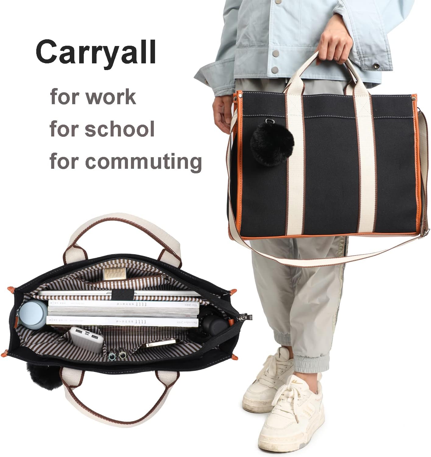 Canvas Laptop Tote Bag For Women – Lightweight Messenger Bag With 17 Pockets, Leather Cover, Fits 15.6" Laptop