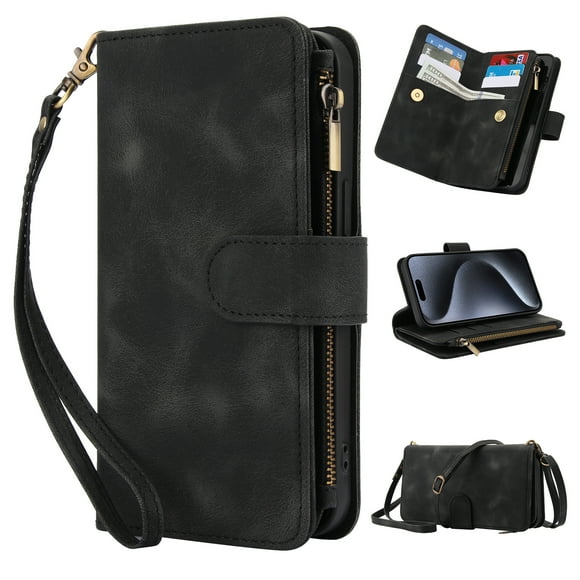 for Samsung Galaxy Z Fold 5 Crossbody Case Wallet with Card Slots - PU Leather Case RFID Blocking Zipper Pocket Lanyard Wrist Strap Shockproof Protective Cover for Samsung Galaxy Z Fold 5, Black
