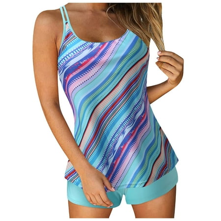 GEWSEY Tankini Swimsuits for Women Two Piece Tummy Control Bathing Suits Blouson Tankini Top with Sporty Boy Shorts (Light Blue  XL)