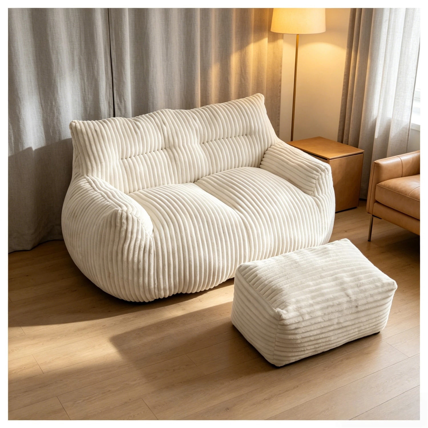 Hommoo Lovseat sofa with Ottoman, Cloud-Love Oversized 2-Seater Fluffy Bean Bag Chair for Living Room & Bedroom, White