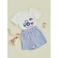 thumbnail image 4 of Baby Toddler Boys Summer Clothes for 4th of July, 6 12 18 24 Months 2T 3T 4T Short Sleeve Embroidery Truck T-shirt with Plaid Shorts for Independence Day, 4 of 9
