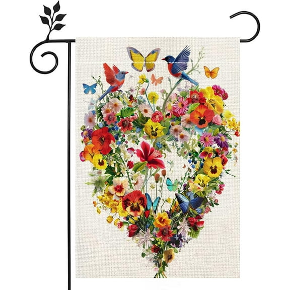 Double-Sided Burlap Garden Flag - Spring Summer Floral Design with Birds & Butterflies, Heart Motifs - 12x18 Inch Colorful Yard Decor for Porch, Lawn, Outdoor Home Decoration