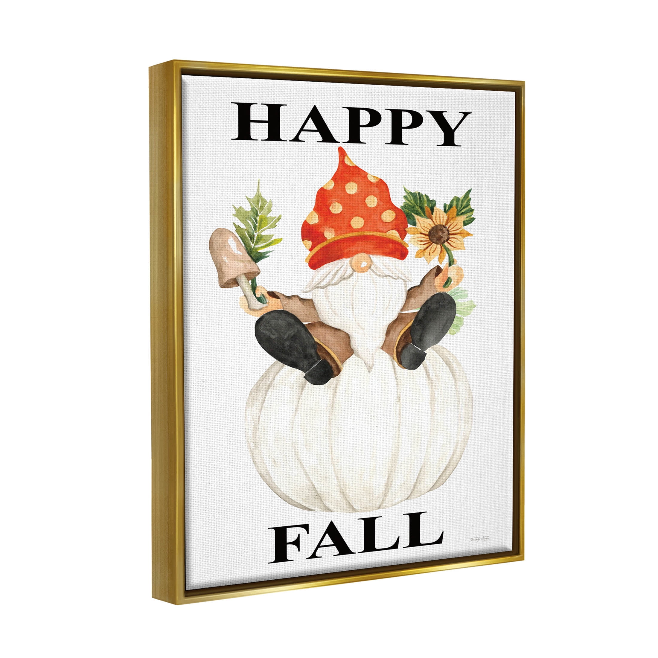 Happy Fall Whimsical Gnome Holiday Graphic Art Metallic Gold Framed Art Print Wall Art