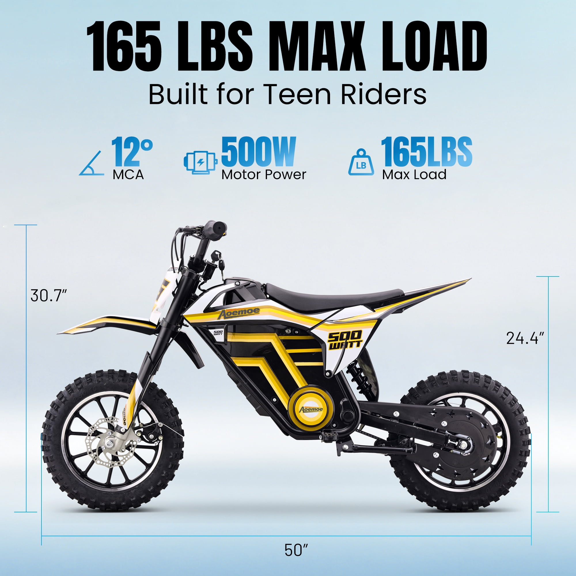 Aoemoe Motorcycle, Motorized Dirt Bikes for kids 8-14, 36V 500W – 15 MPH Top Speed, Dual Suspension, Yellow