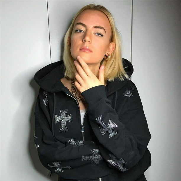 Y2K, sudaderas con capucha de esqueleto de diamantes de imitación para mujer, sudaderas de gran tamaño con cremallera negra gótica para mujer, chaqueta con capucha Retro Harajuku para mujer, ropa de calle Tan Jianjun unisex