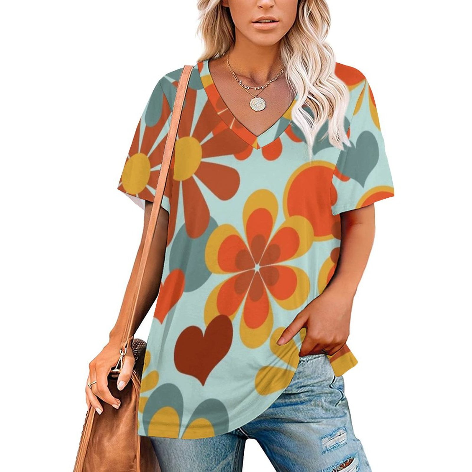 2024 70'S Flower Power Women Zipper Sexy Printed Vintage T