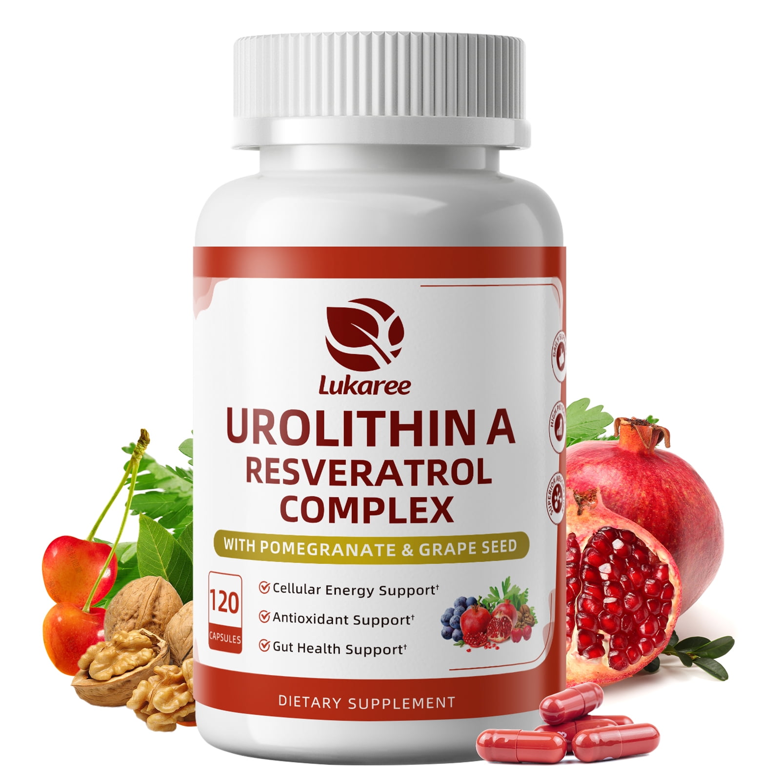 Urolithin A Supplement Capsules - Pomegranate, Trans-Resveratrol & Grape Seed Extract - Supports Mitochondrial Health & Healthy Aging, Gut Health Support - 120 Capsules