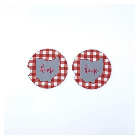 

Ohio Home State Silhouette Red & White Buffalo Plaid Neoprene Car Coasters (Set of 2) - Handmade by CintBllTer