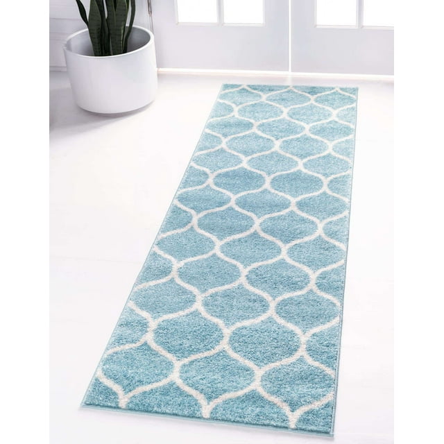 Unique Loom Trellis Frieze Collection Lattice Moroccan Geometric Modern Runner Rug, 2 x 6 Feet, Light Blue/Ivory