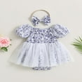 thumbnail image 2 of Baby Romper Dress Flower Print Boat Neck Short Puff Sleeve Jumpsuits, 2 of 8