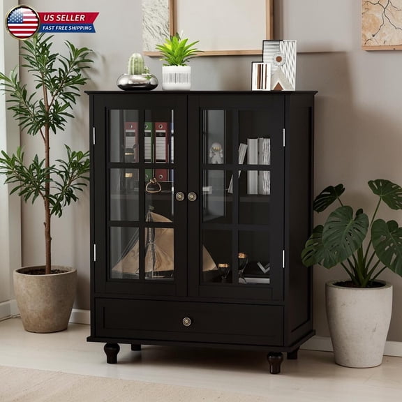 Hassch Modern Black Accent Cabinet with Glass Doors, 36.2"H Freestanding Buffet Sideboard with Drawer, Adjustable Shelves and Vintage Bronze Handles for Living Room Kitchen