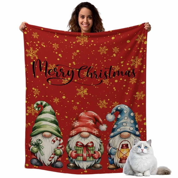 Watercolor Winter Gnomes Throw Blanket Flannel Fleece Throws, Snowflake on Red Background Lightweight Super Soft Warm Blankets for Couch Sofa Bed All Season Use, 40x50 in
