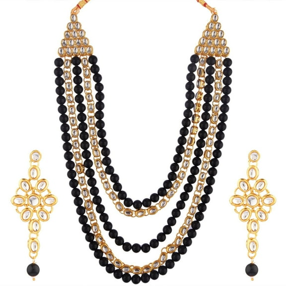Efulgenz Indian Jewelry Bridal Set Kundan Crystal Faux Pearl Multi Layered Strand Beaded Necklace Dangle Earrings Bollywood Jewelry Set, Black